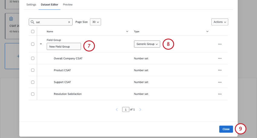 fields are grouped and the name and type of group can be adjusted