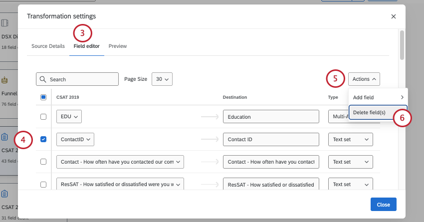 new modal named transformation settings where you can delete fields