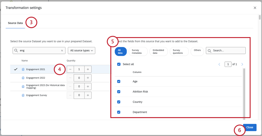 transformation settings modal where you choose source data