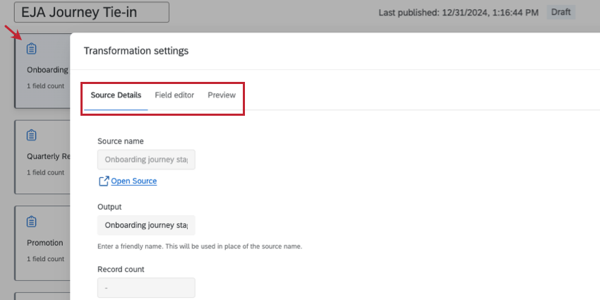 transformation settings modal with source details