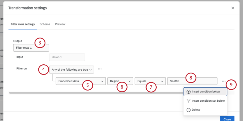 transformation settings modal where you set up the filter