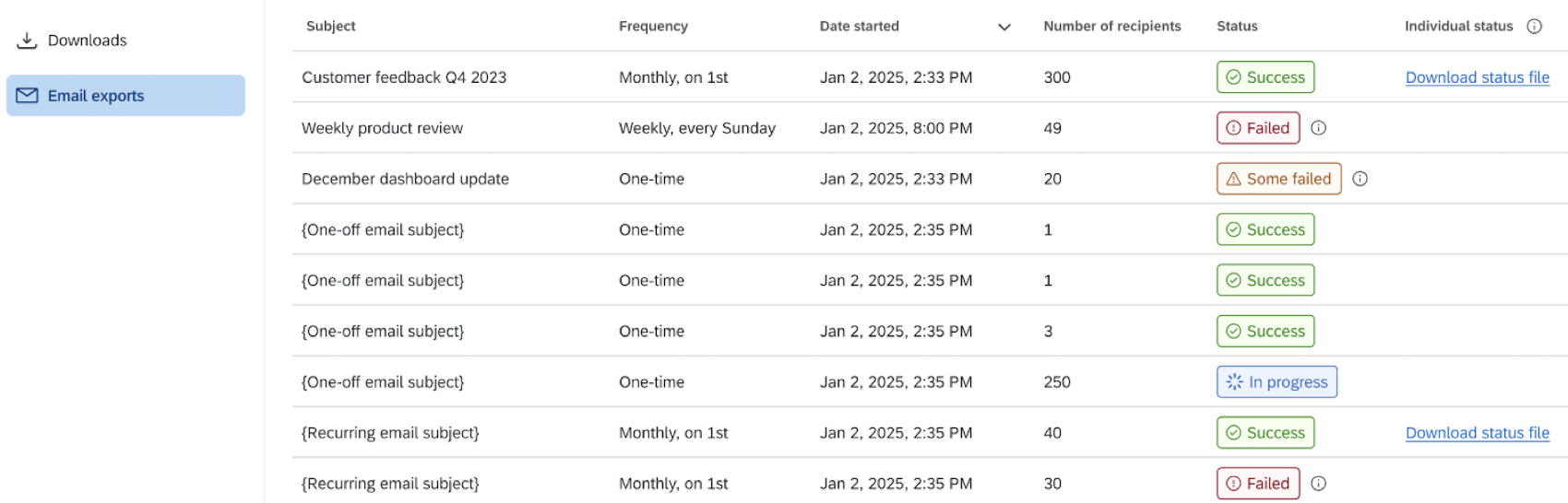 The email export table within the manage dashboard exports tab