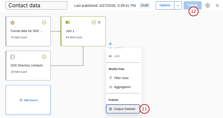 output dataset highlighted in data modeler menu