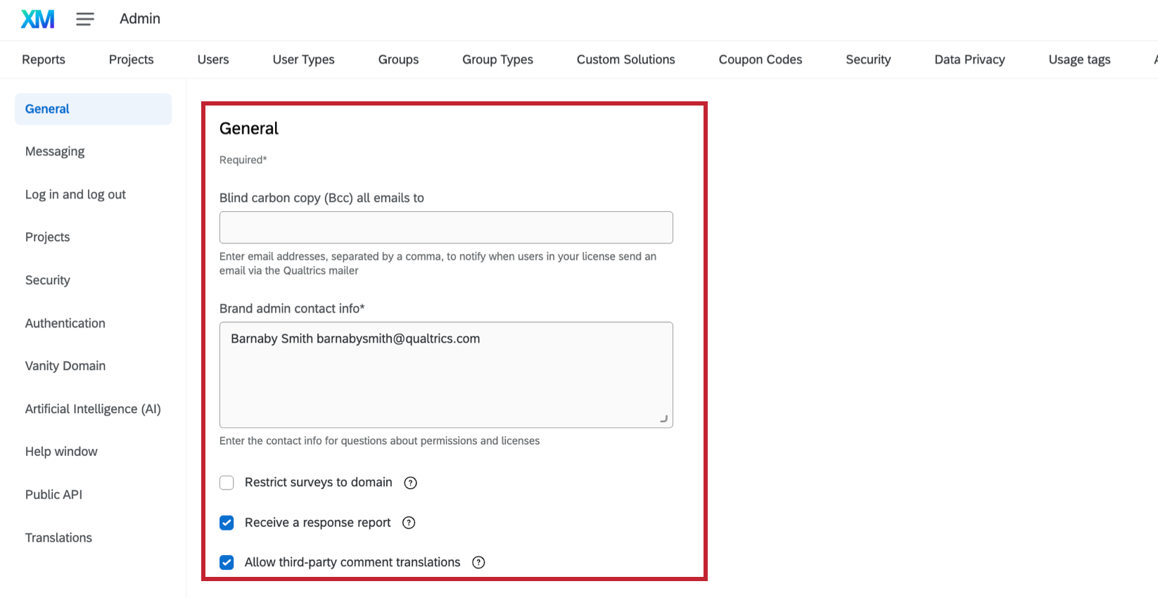 the general section of organization settings