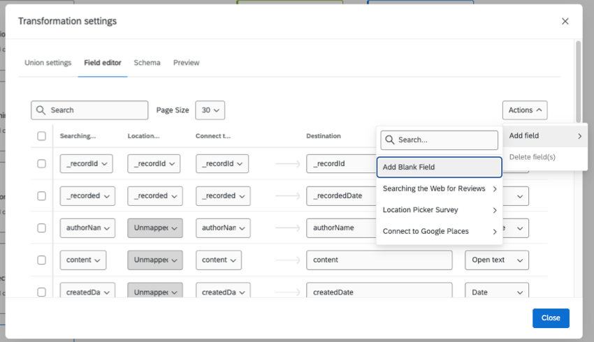 adding blank fields to the union to ensure all fields are present