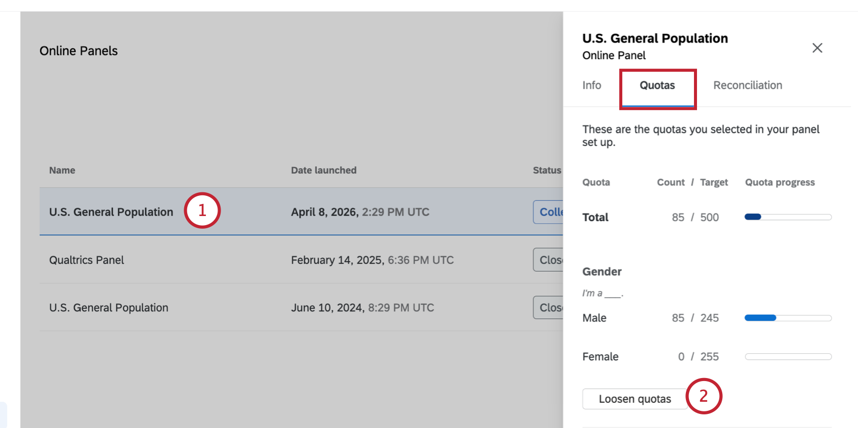 clicking Loosen Quotas for an active panel