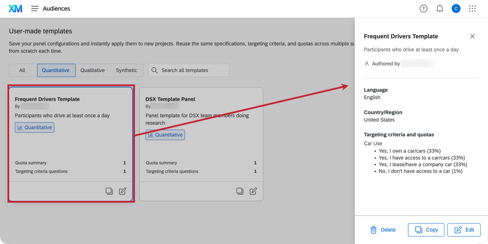 clicking a template to manage it