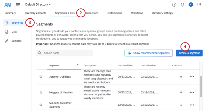 landing page of segments tab shows lists of segments and a button to make more