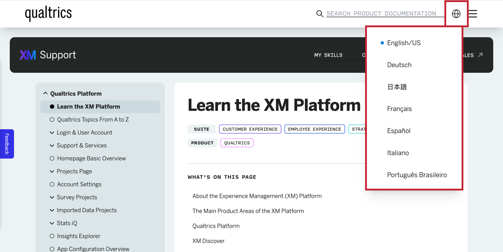 clicking the globe in the top right corner to switch between site languages