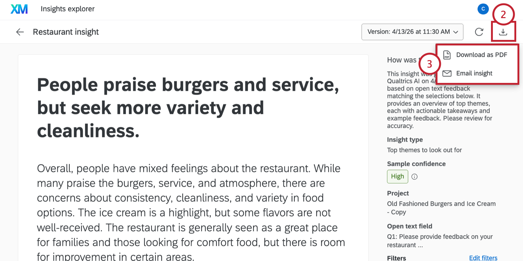 clicking export on an insight and choosing the export method