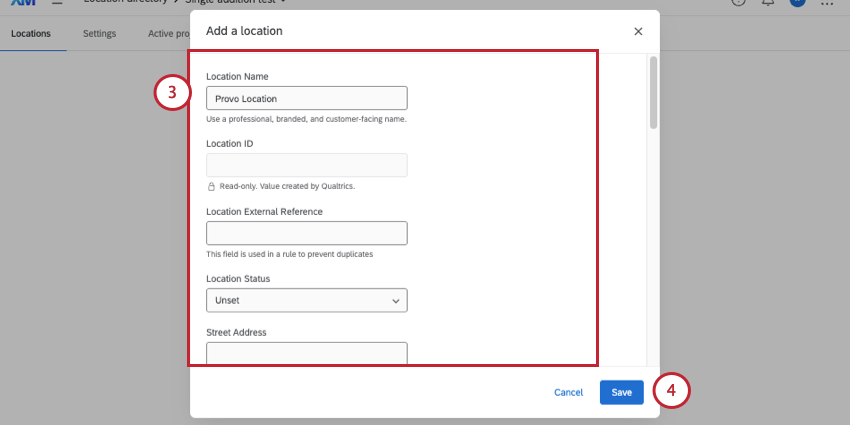 new modal opens where you can fill in info about a location such as name and street address and status