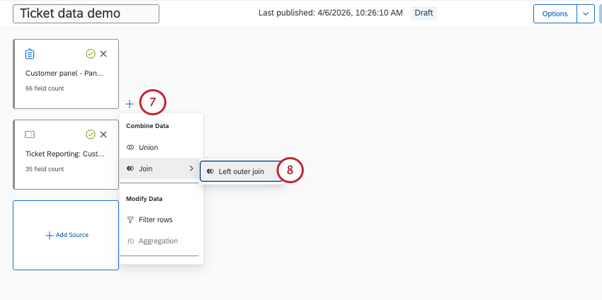 data modeler main page. plus sign shows the option to add a join