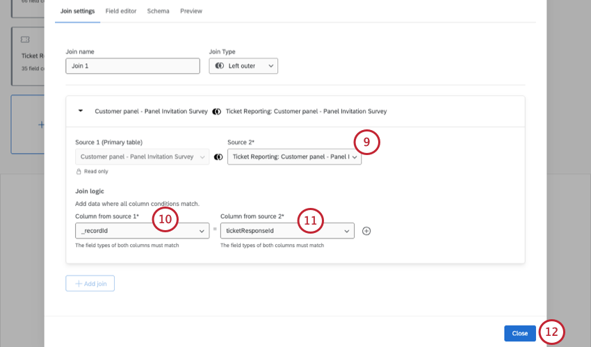 setting up a join already has the first source set. you set the next source, then the left and right join conditions