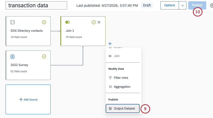 output dataset highlighted from data model menu