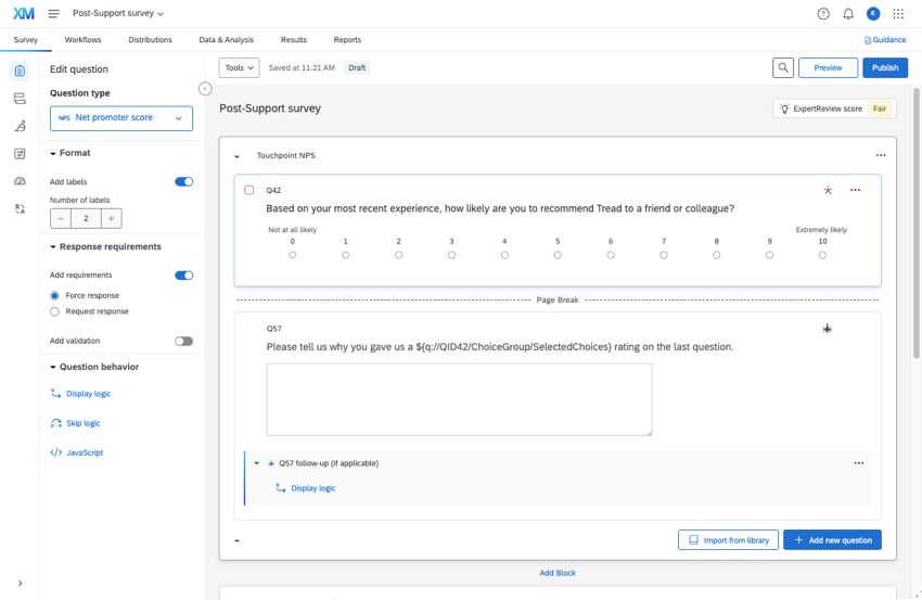survey builder showing an NPS question abd a text entry question that has adaptive follow up enabled