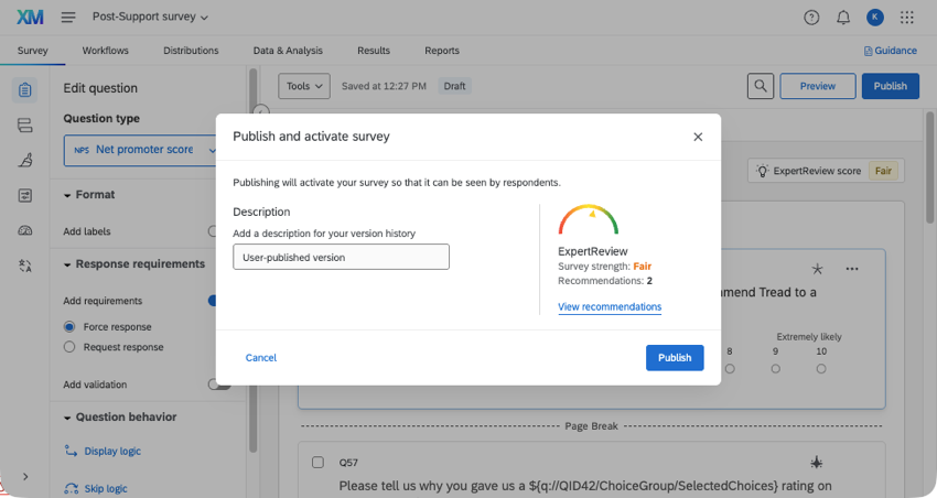 publish modal in a survey