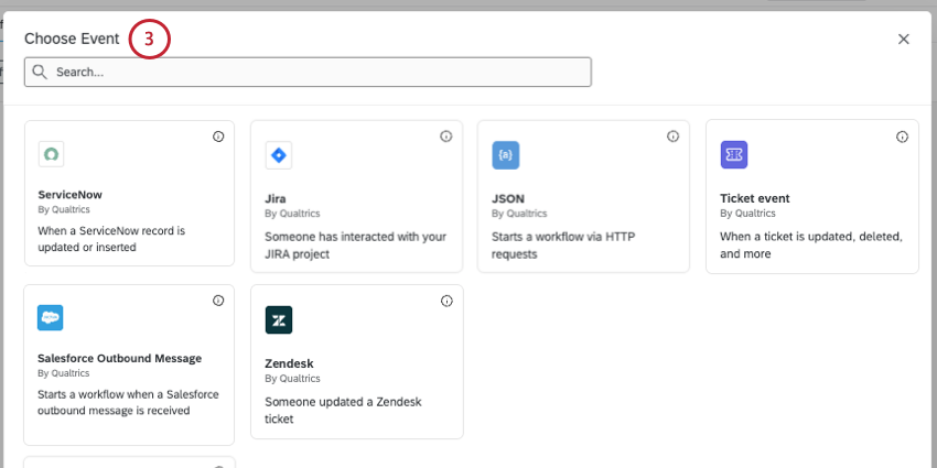 modal where you can select from the list of events described