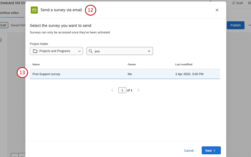 choosing the survey to send in the task
