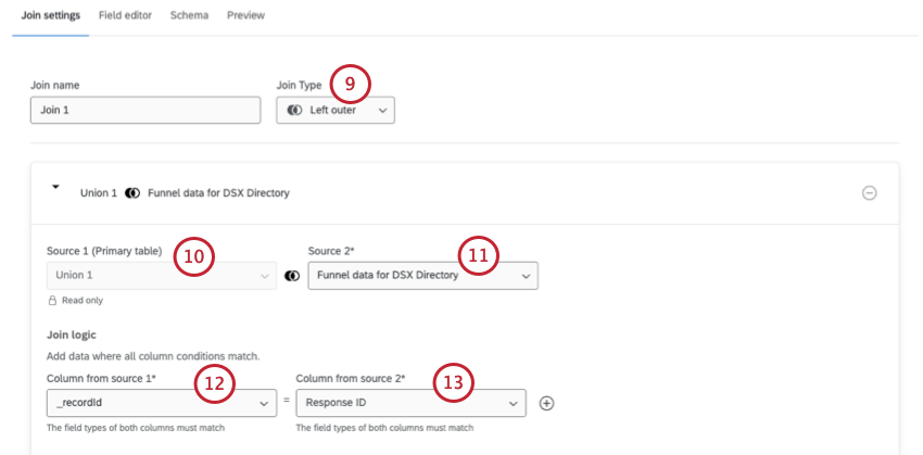 modal where you configure the first join, between union 1 and the funnel data