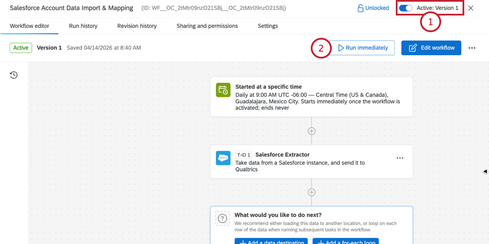 clicking "run immediately" on an active workflow