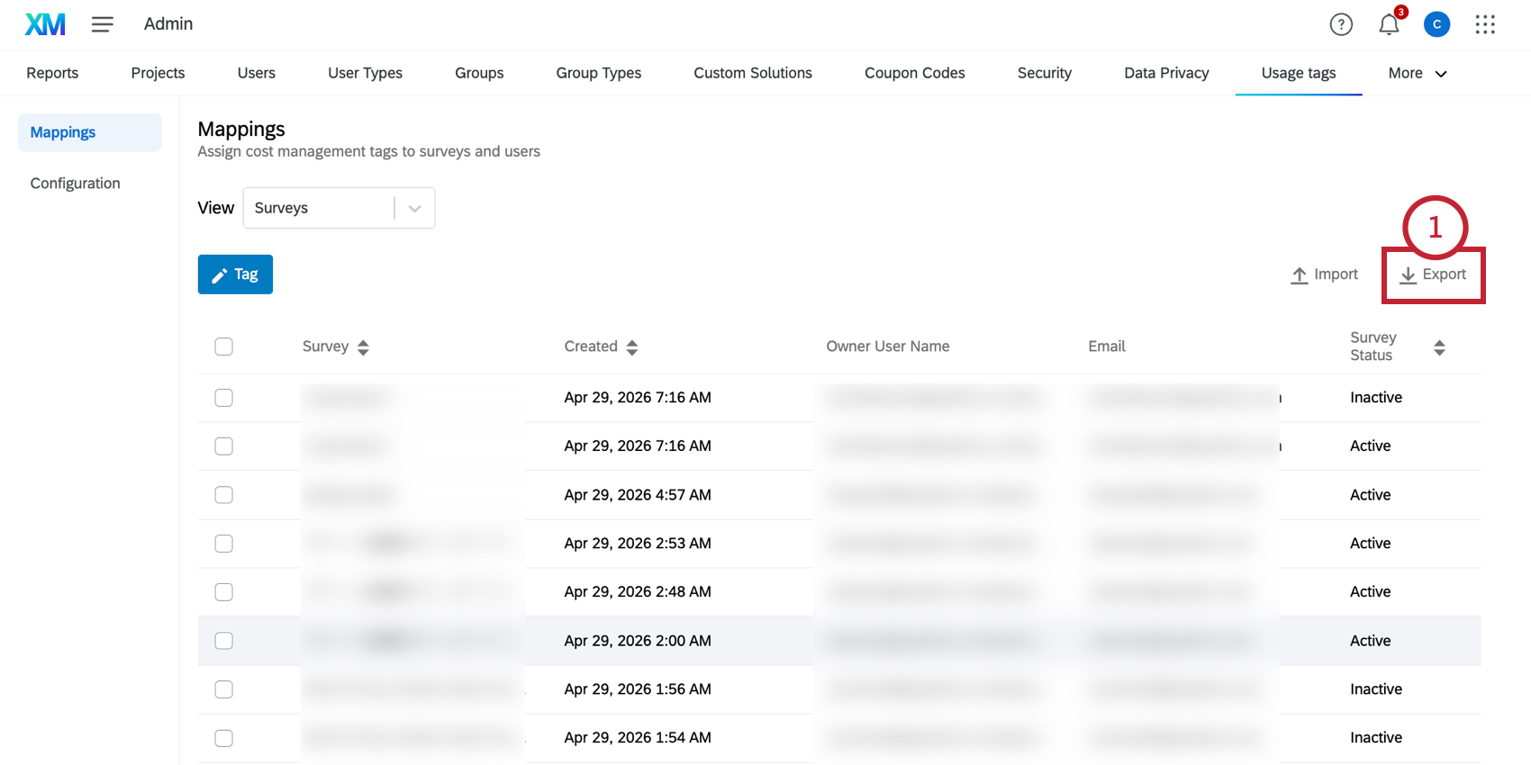 clicking export for usage tags