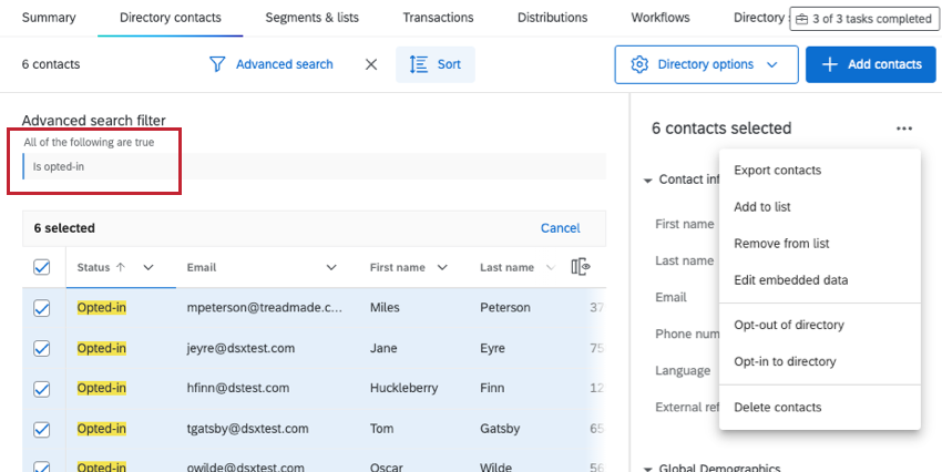 in the directory is a filter for is opted-in. Contacts are selected and the export menu is opened on the right