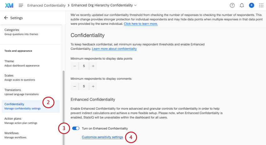 confidentiality tab inside an EX dashboard's settings