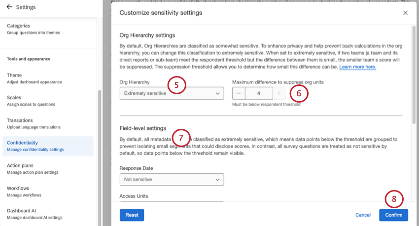 customize sensitivity settings modal is open, with org hierarchy settings at the top highlighted 