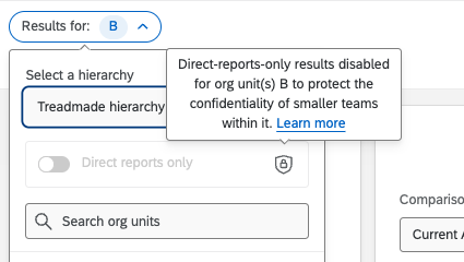 a message that says, direct reports only results disabled for org units B to protect the confidentiality of smaller teams within it