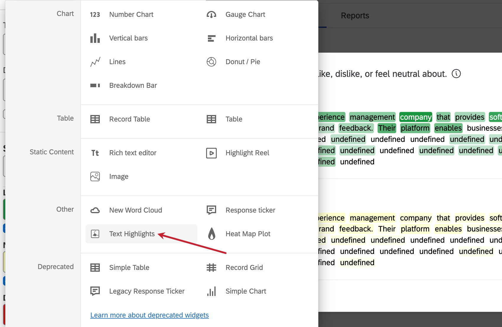 arrow pointing to the text highlights widget in the add widget menu