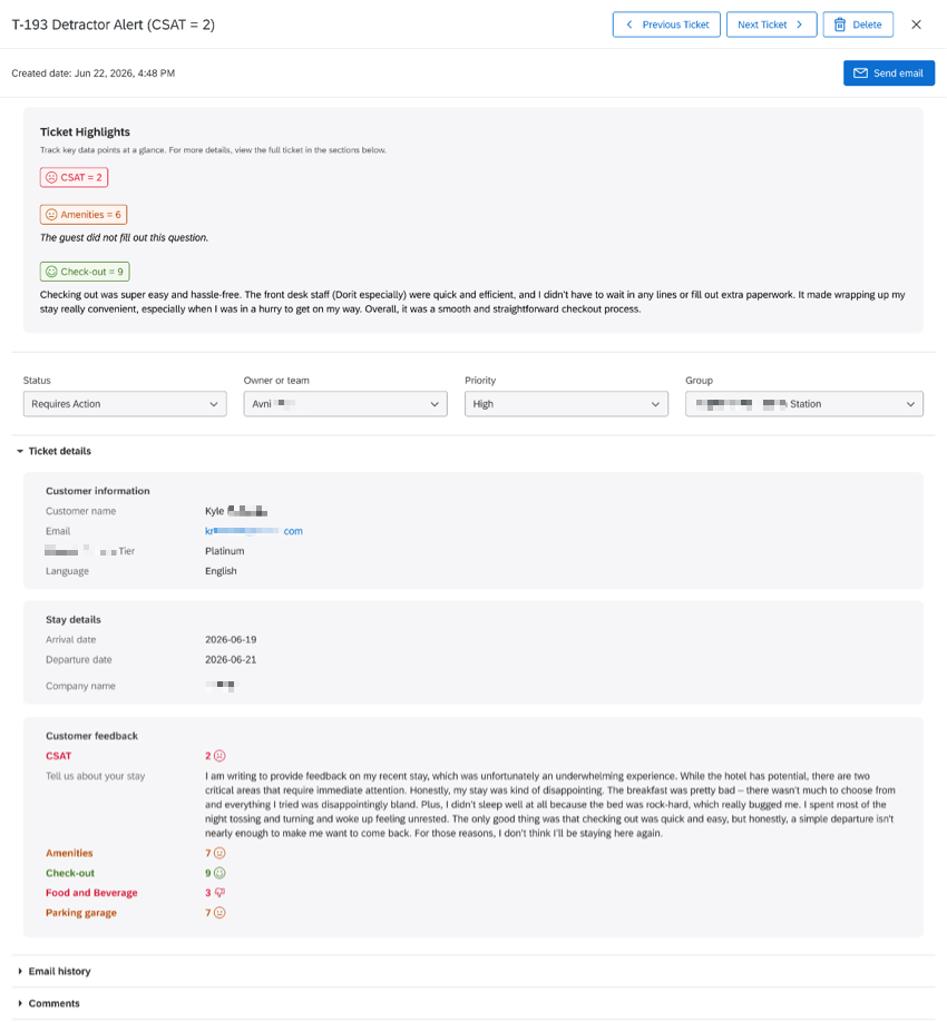 at the top of a ticket are highlighted metrics and comments. then into the rest of the ticket, showing the owner, priority, and assorted information such as the customer's name and assorted feedback they gave