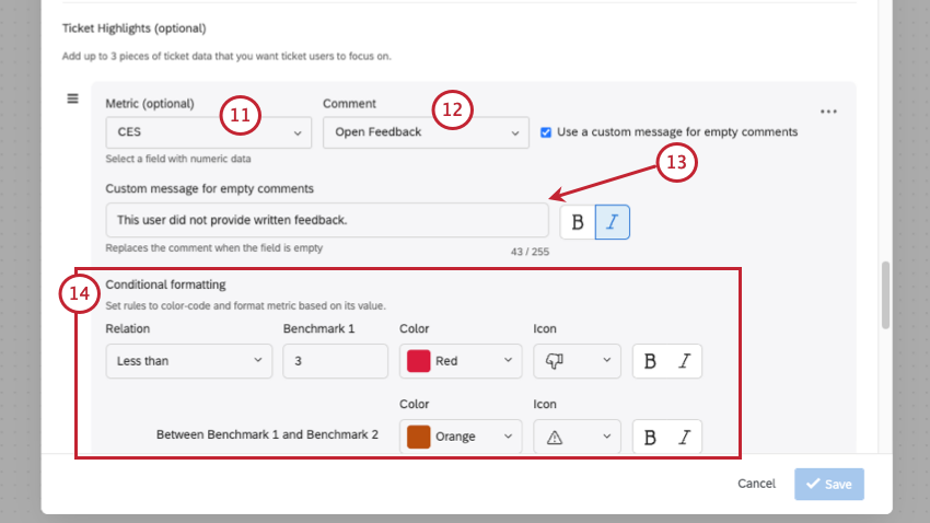 ticket highlights editor feature a metric being highlighted in different colors
