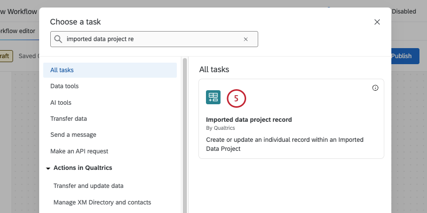 choose a task window with imported data project record highlighted 