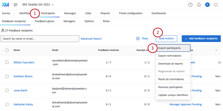 option to export participants in the bulk actions menu