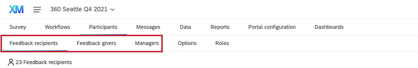 image of the 3 sections in the participants tab named after types of participants