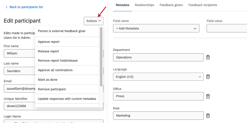 actions available from the actions menu