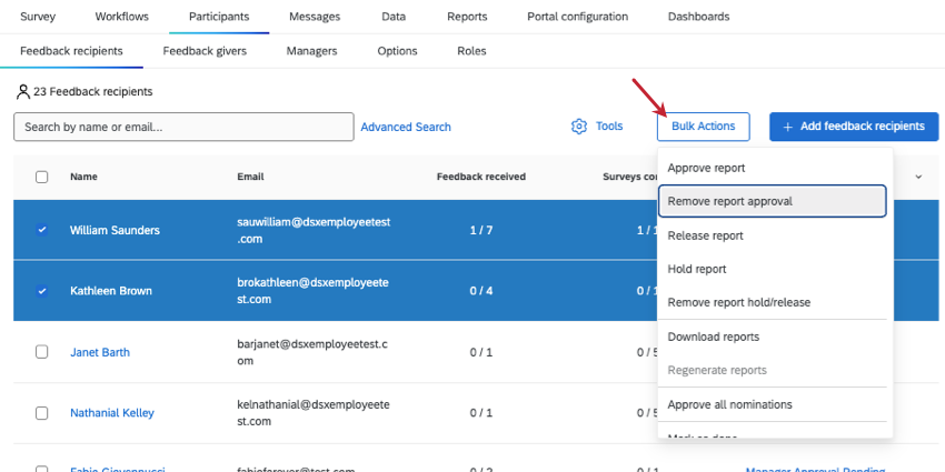 bulk actions button is clicked, revealing a menu of options to pick from