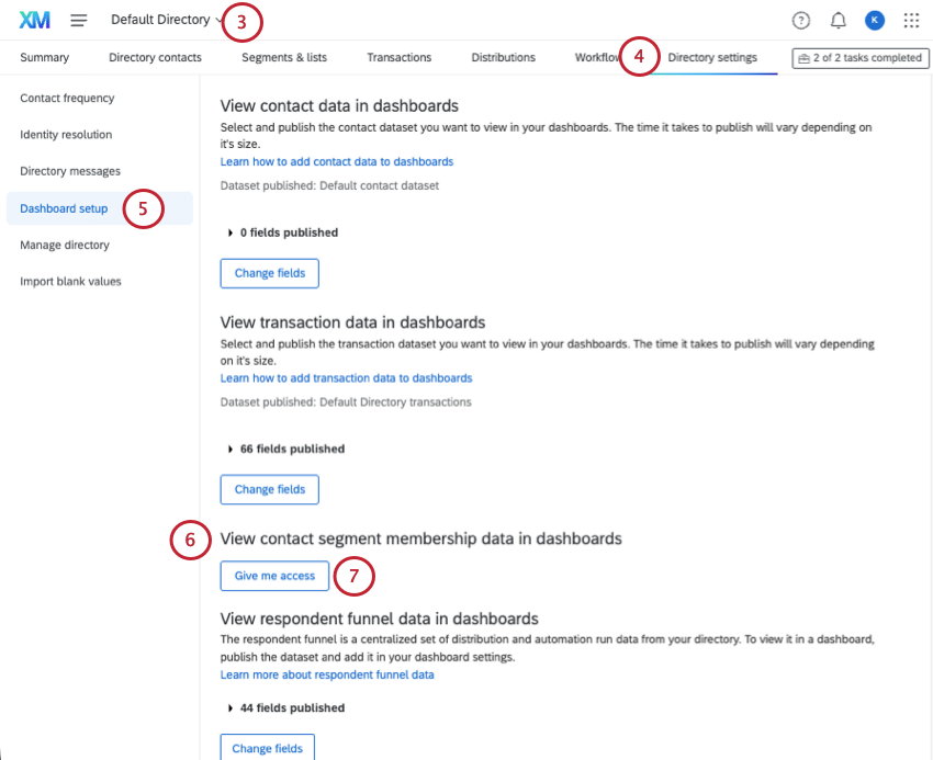 Dashboard setup tab of XM Directory Settings