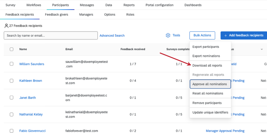 download all reports option in bulk actions