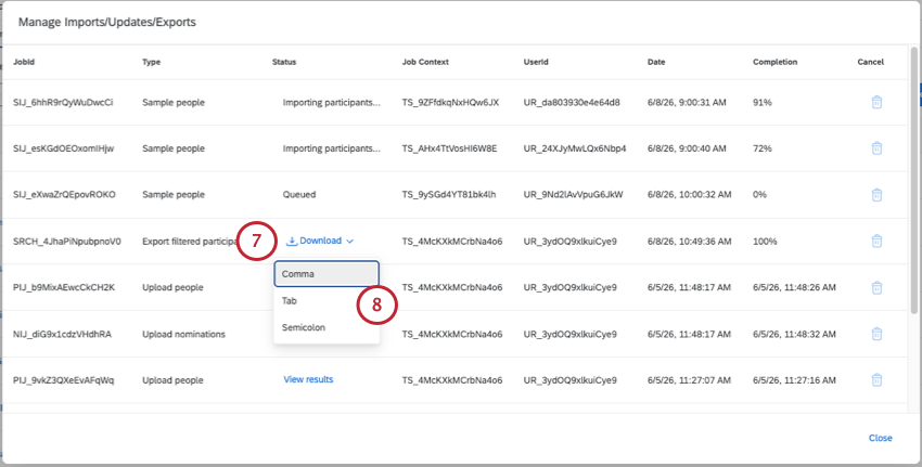 option to export appears on status page once the download is finished preparing