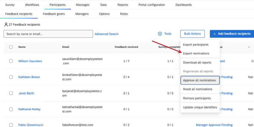 option in bulk actions to export nominations