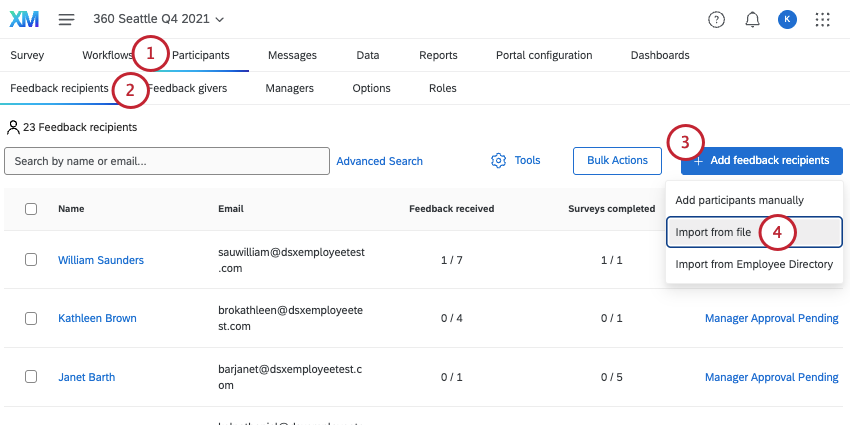 importing feedback recipients in menu