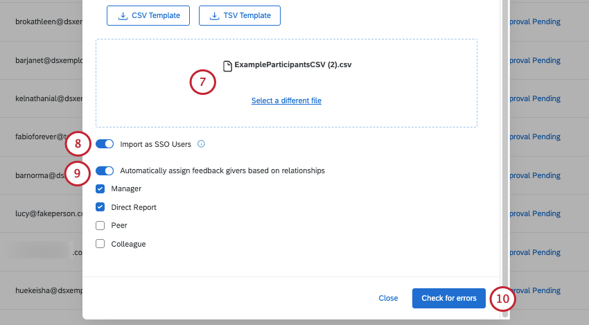 a file is uploaded and the options at the bottom of the screen for SSO users and automatic assignment are toggled