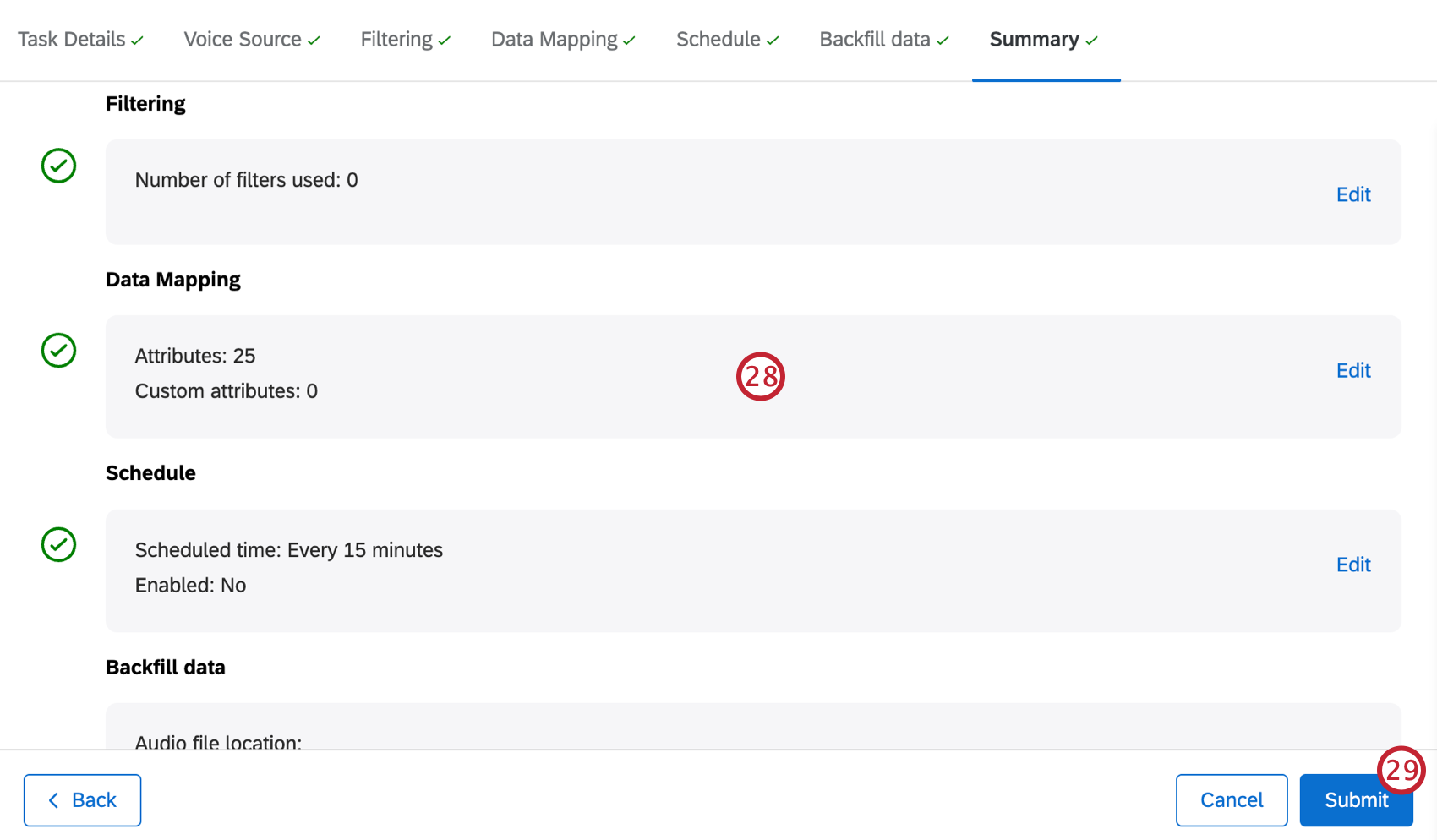 summary section of the project configuration, where you can review all the details