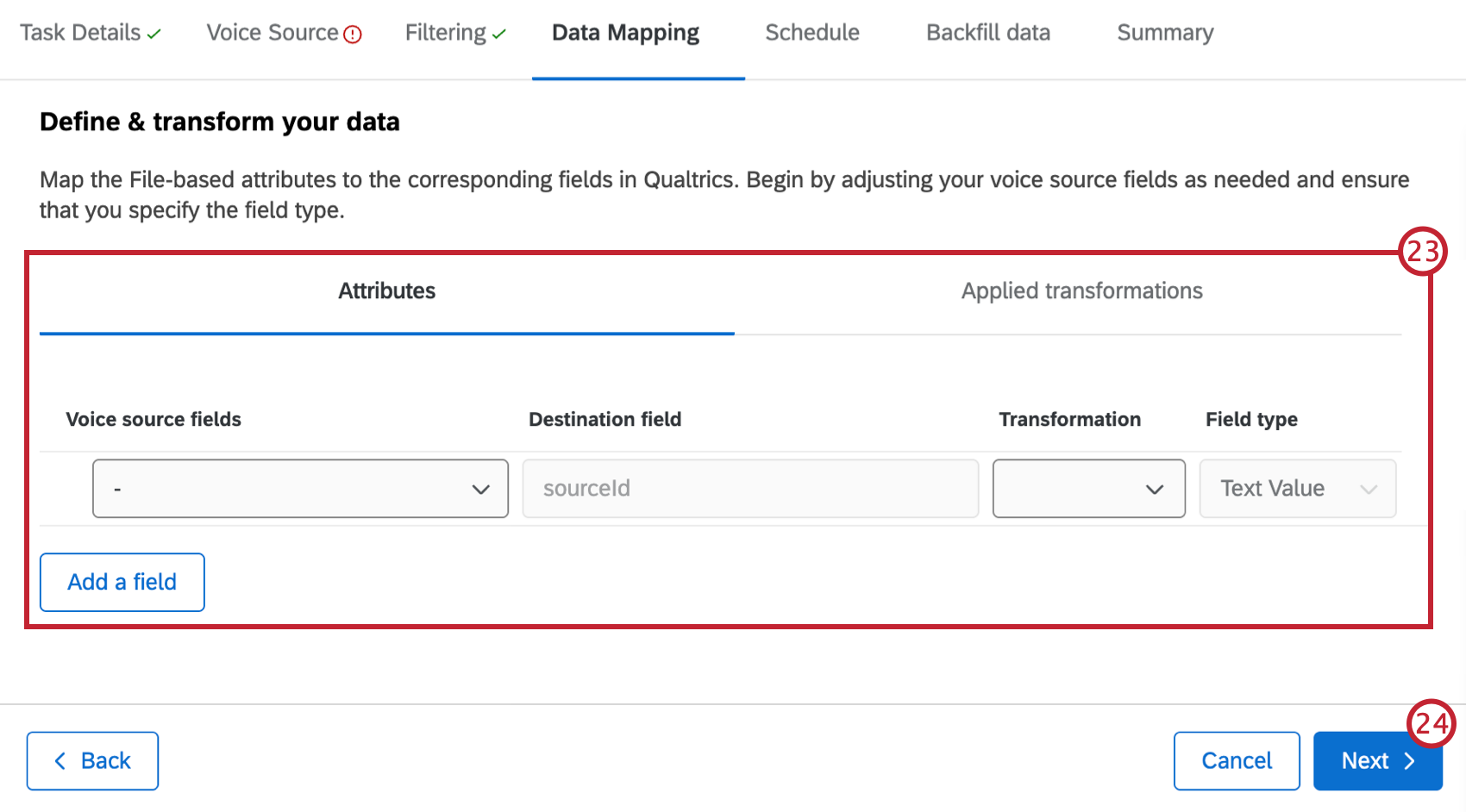 data mapping stage of the setup highlighted