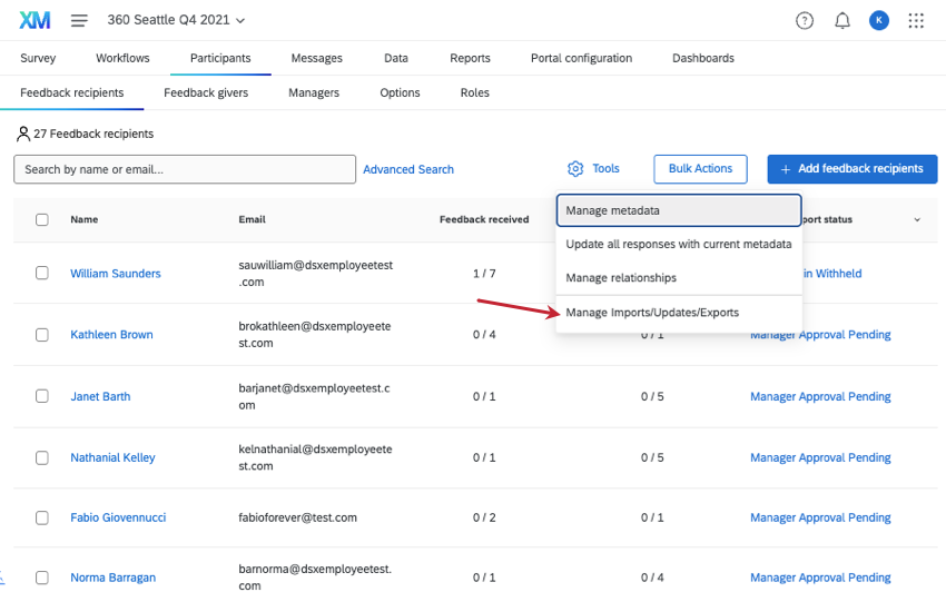 in tools the option to manage previous import exports and so on