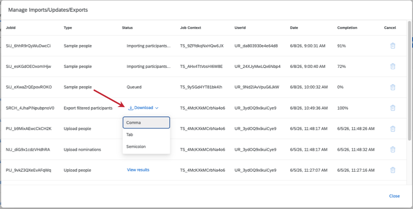 modal that opens with job statuses and history
