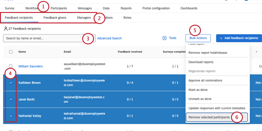 selecting participants and then selecting remove from the bulk actions menu
