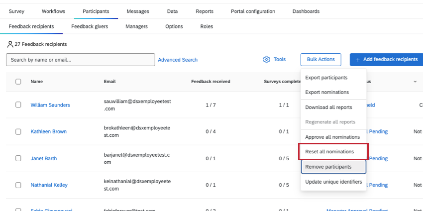 reset all nominations option in bulk actions menu