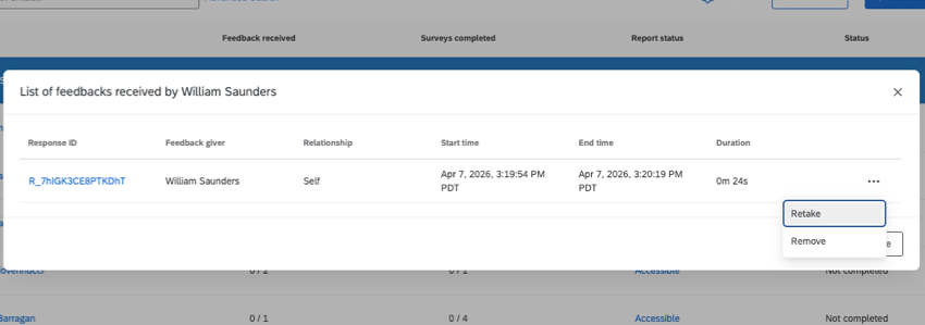 option to retake or remove feedback listed